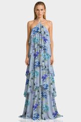 Hydrangea Print Layered Halter Maxi Dress