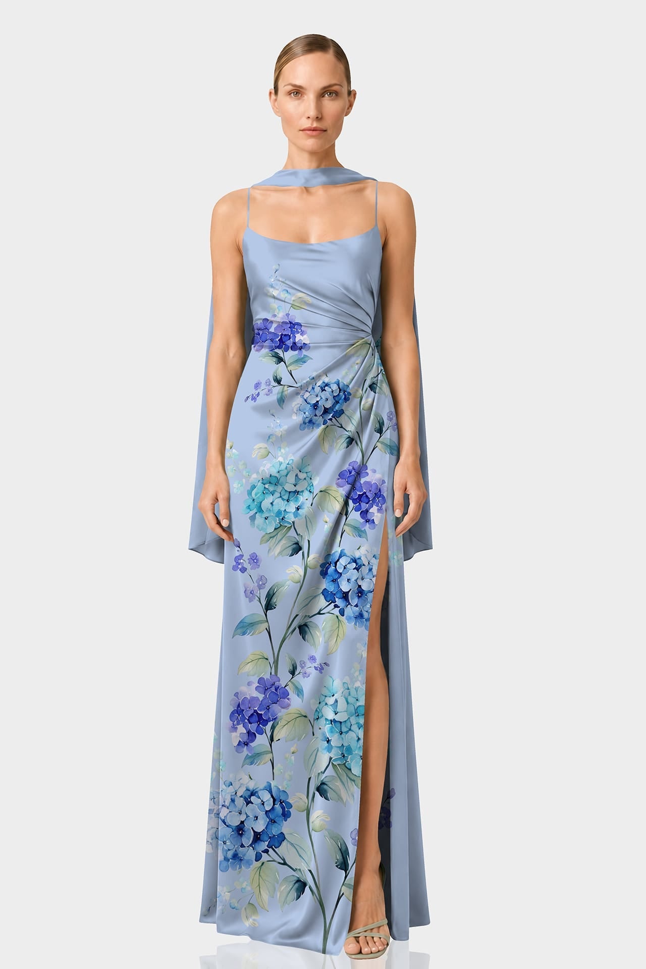 Hydrangea Print Satin Slip Maxi Dress