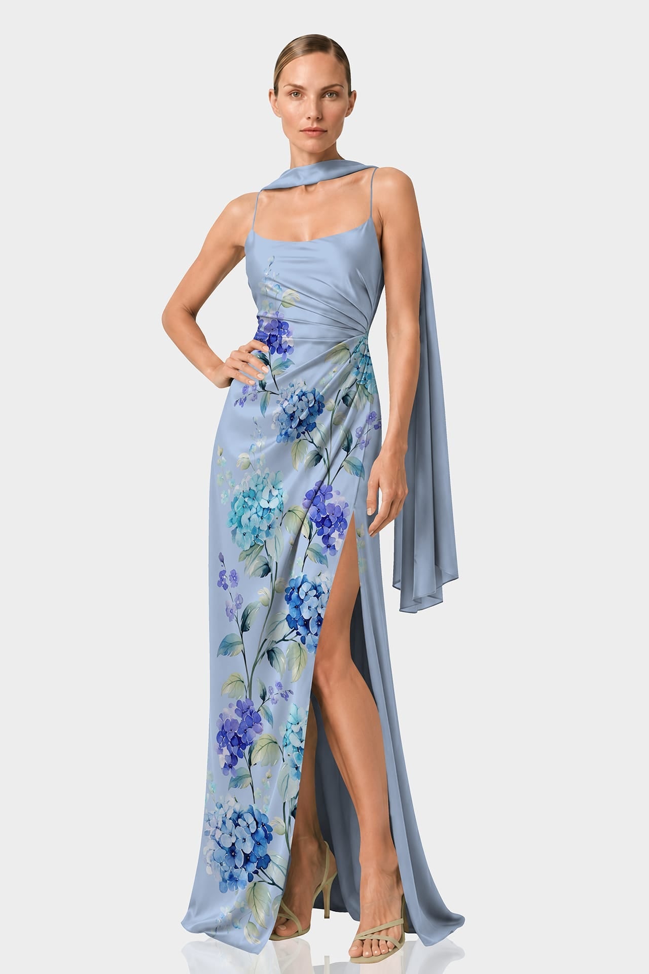 Hydrangea Print Satin Slip Maxi Dress