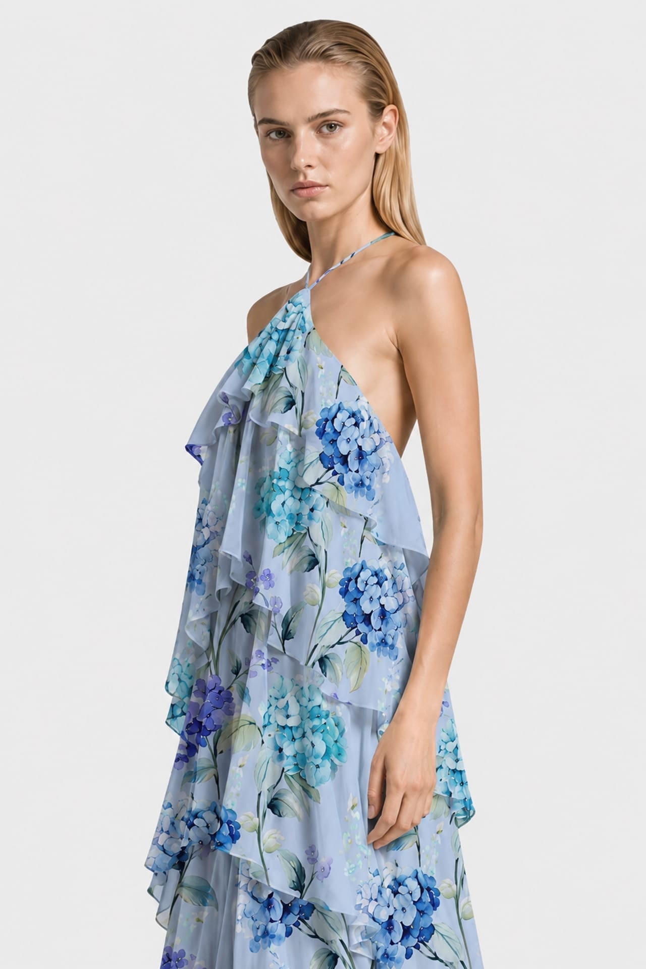 Hydrangea Print Layered Halter Maxi Dress