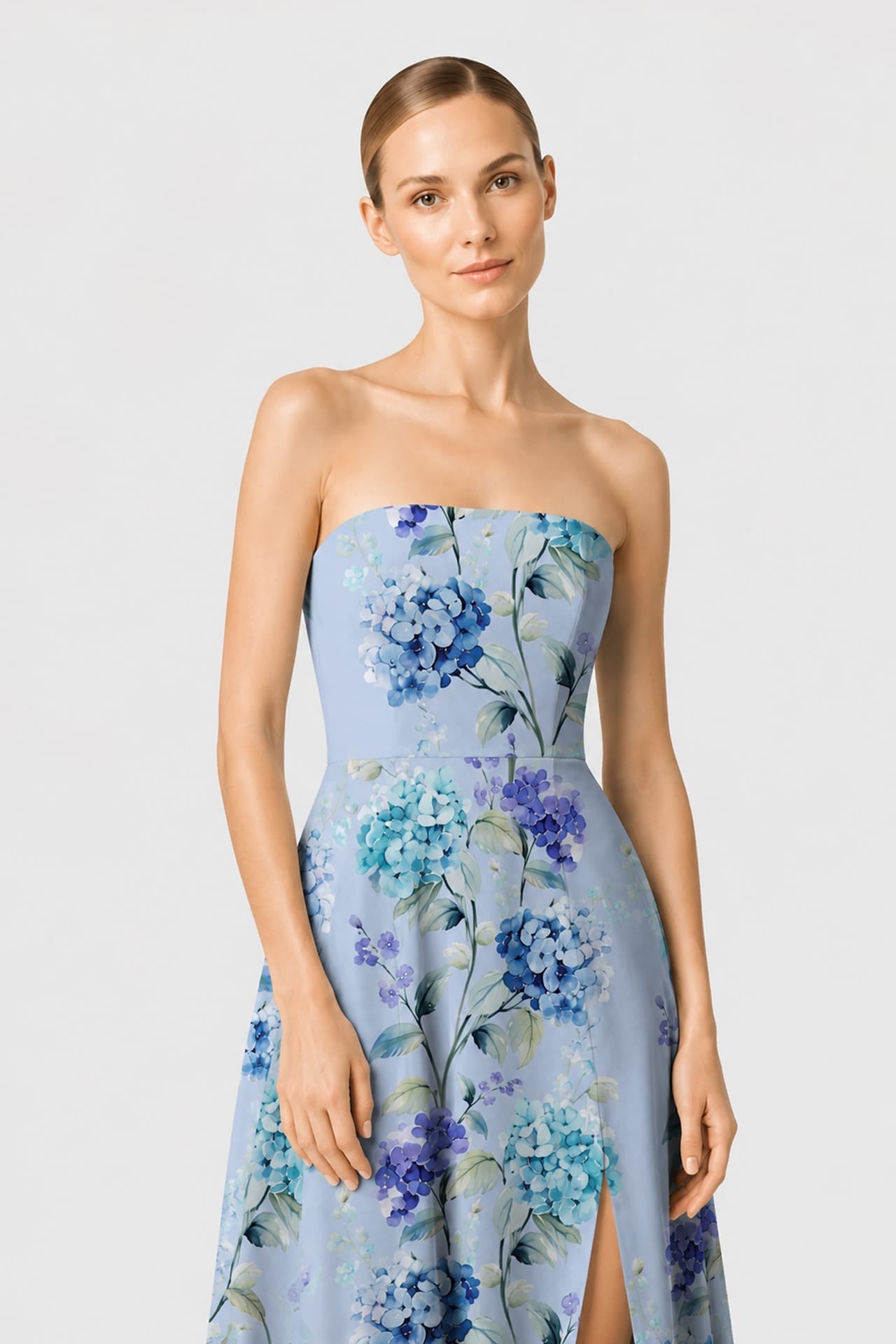 Sky Blue Floral Strapless Maxi Dress with Slit
