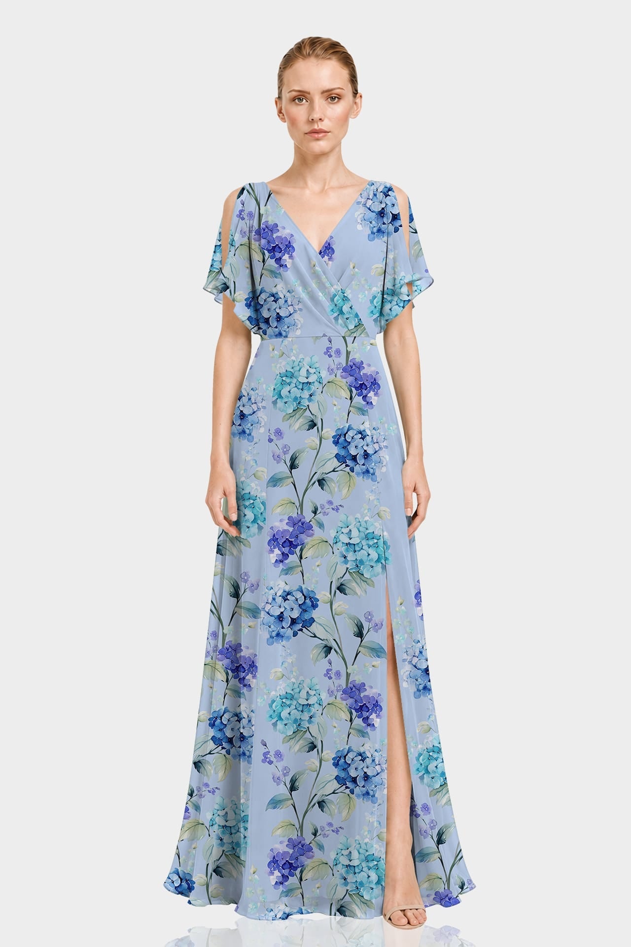 Hydrangea Floral Chiffon Cold Shoulder Dress