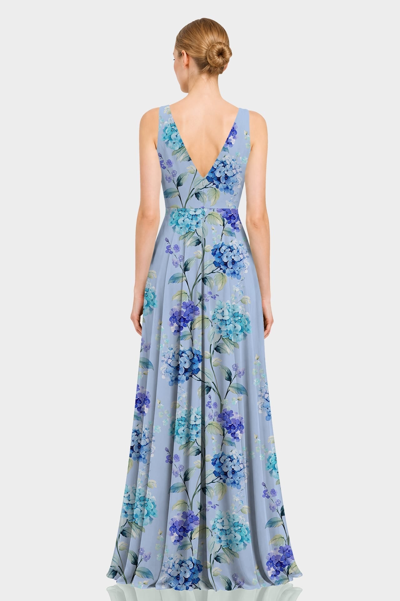 Hydrangea Print Cowl Neck Chiffon Maxi Gown