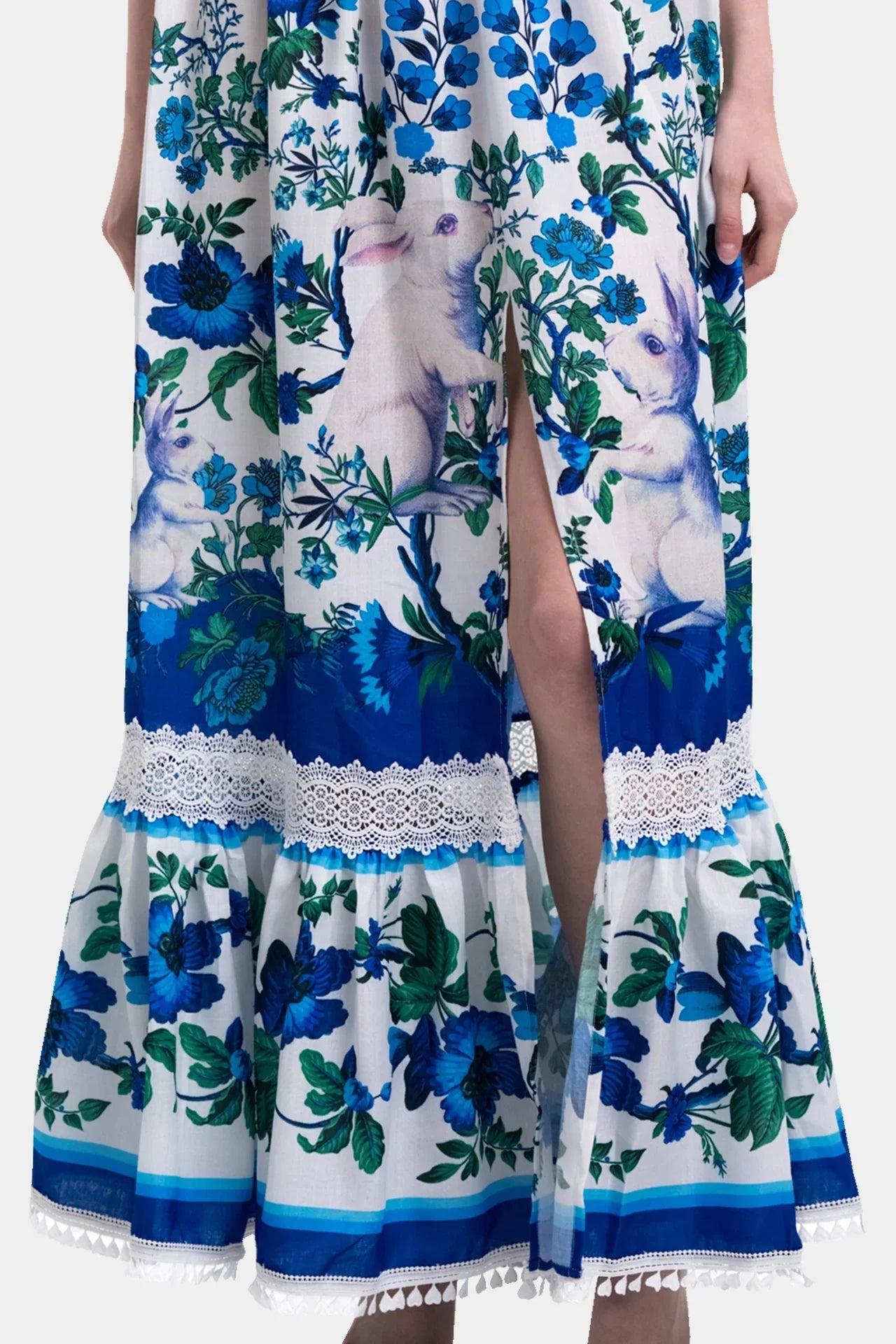 White & Blue Floral Voile Maxi Dress with Guipure Lace Trim