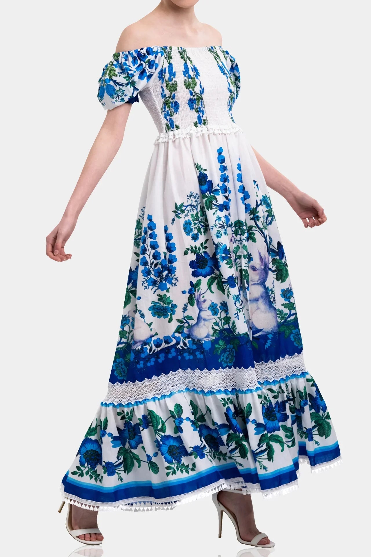 White & Blue Floral Voile Maxi Dress with Guipure Lace Trim
