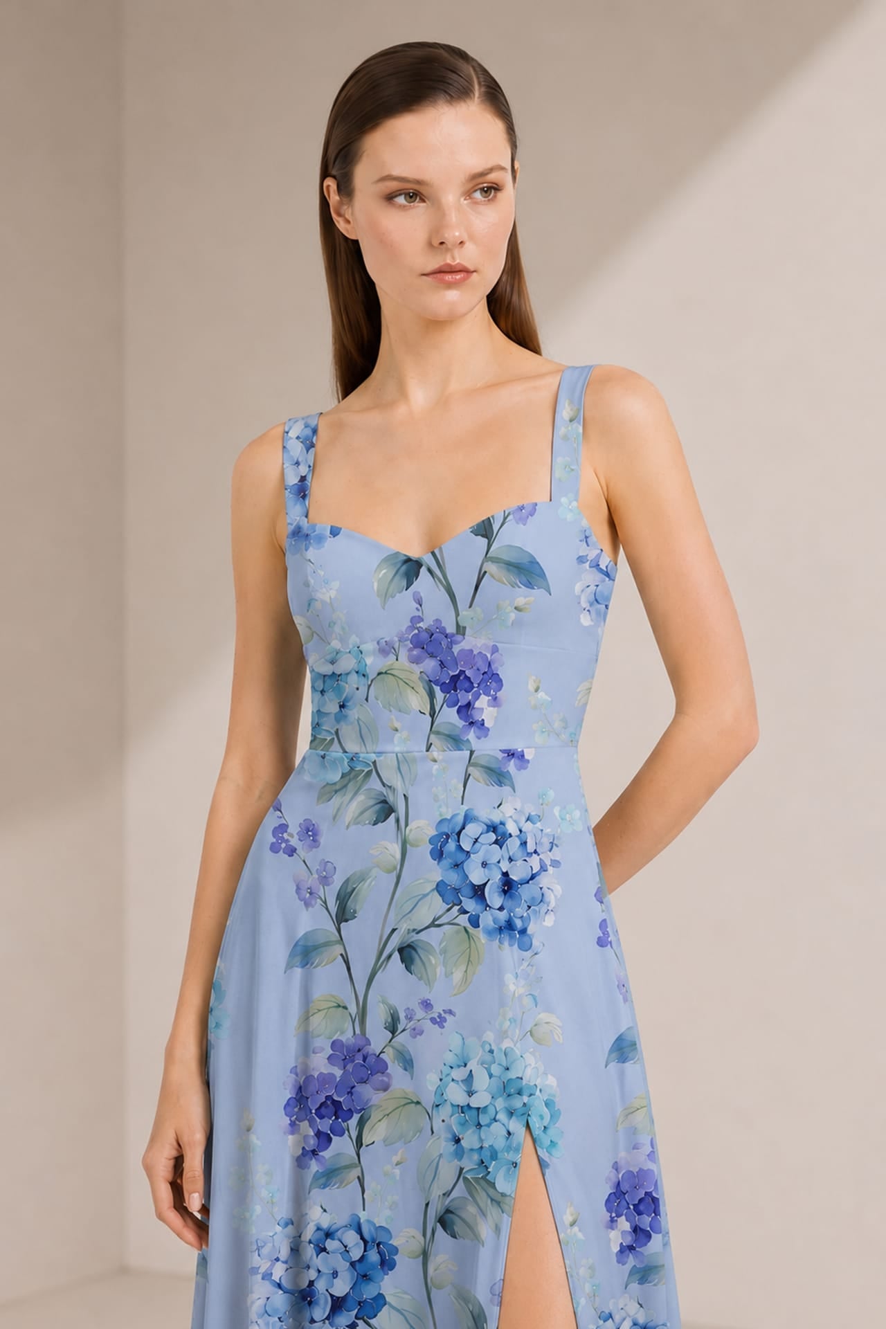 Hydrangea Floral Sweetheart Maxi Dress