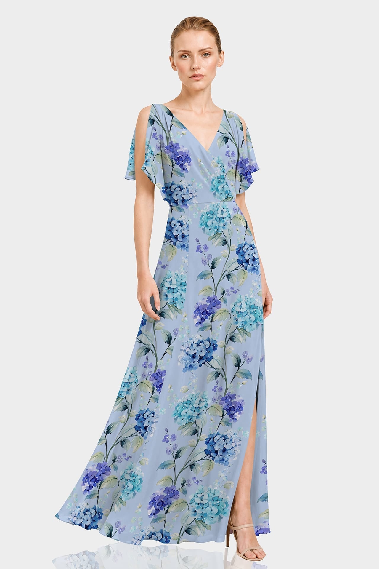 Hydrangea Floral Chiffon Cold Shoulder Dress