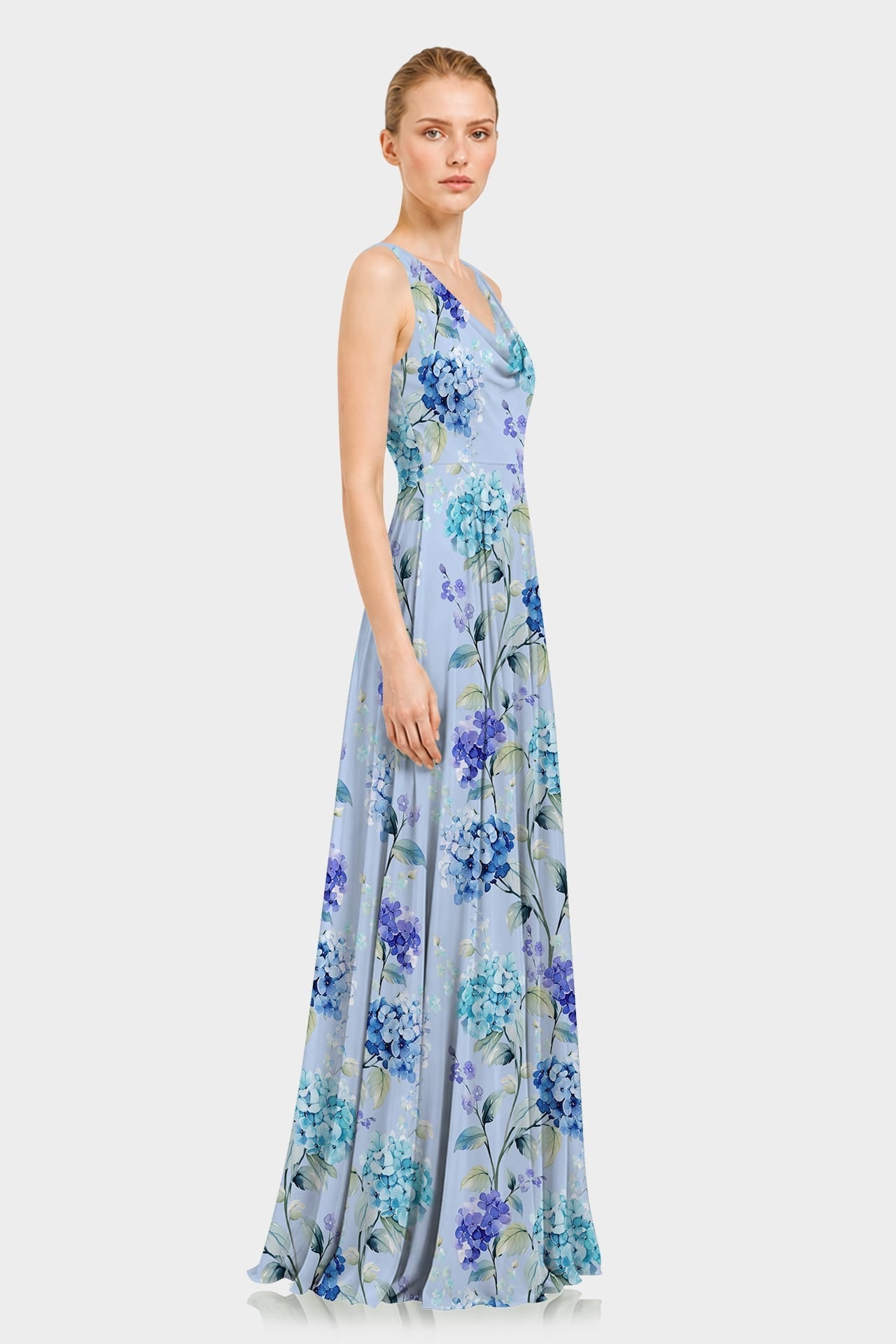 Hydrangea Print Cowl Neck Chiffon Maxi Gown