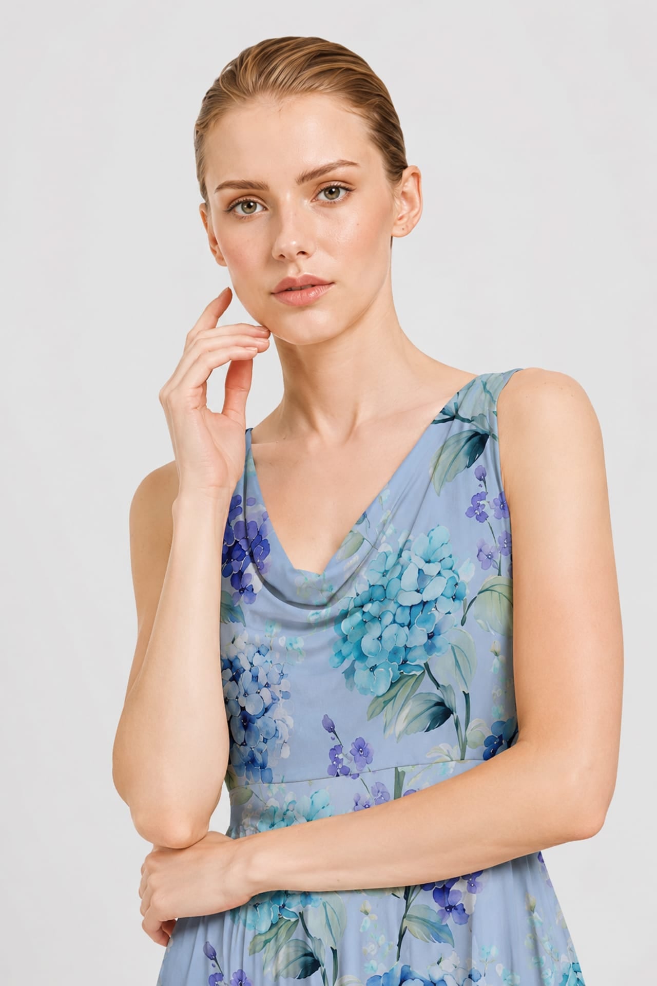 Hydrangea Print Cowl Neck Chiffon Maxi Gown