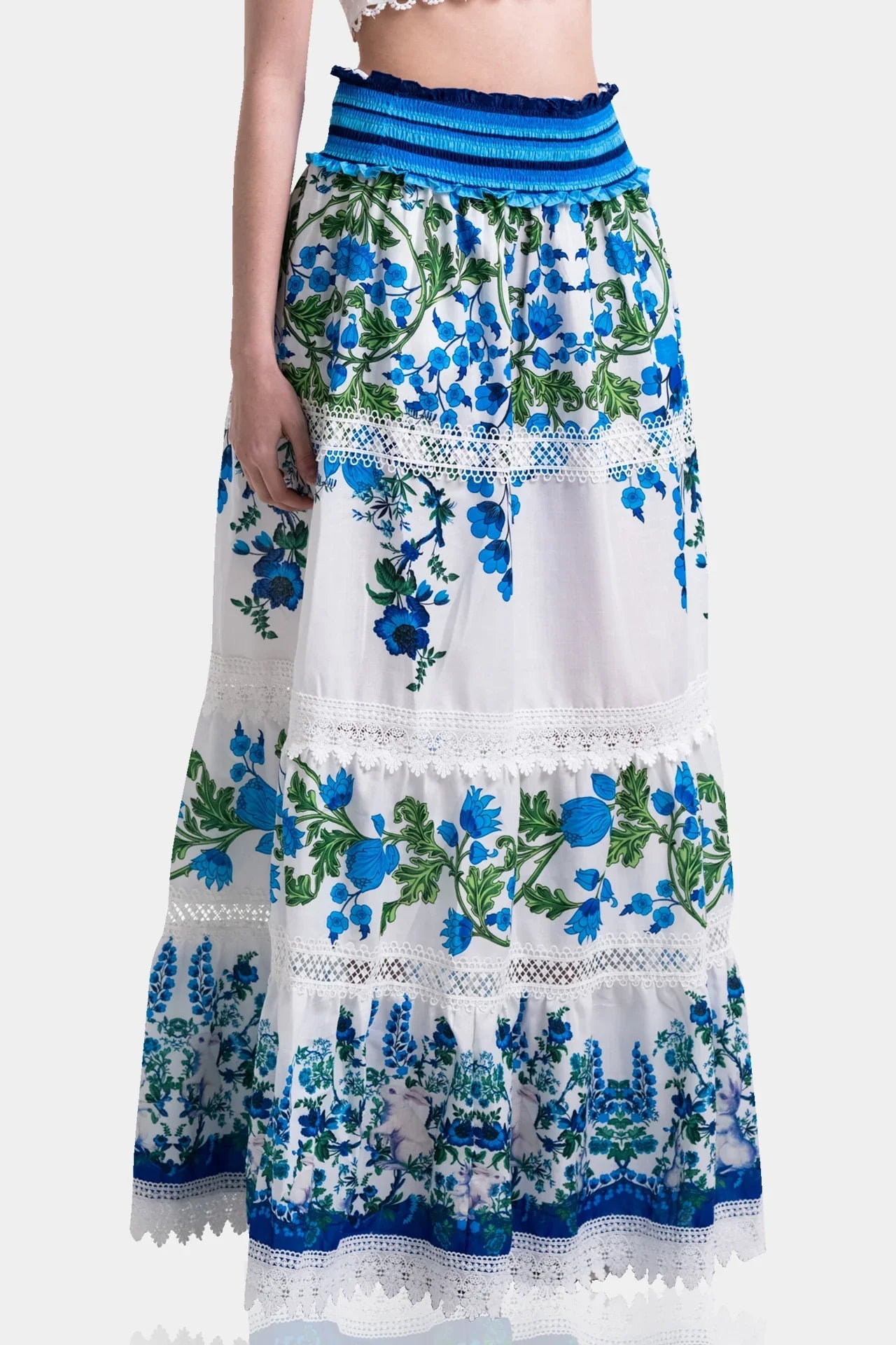 White & Blue Botanical Cotton Maxi Skirt with Guipure Lace Detail