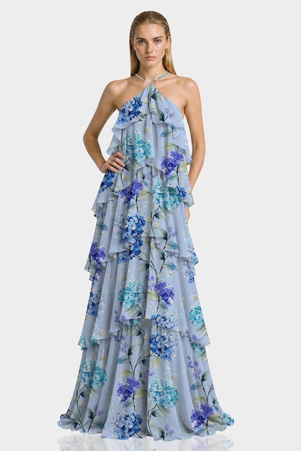 Hydrangea Print Layered Halter Maxi Dress