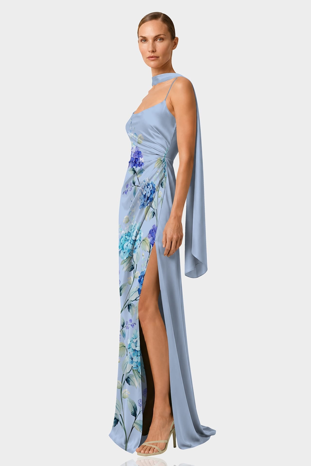 Hydrangea Print Satin Slip Maxi Dress