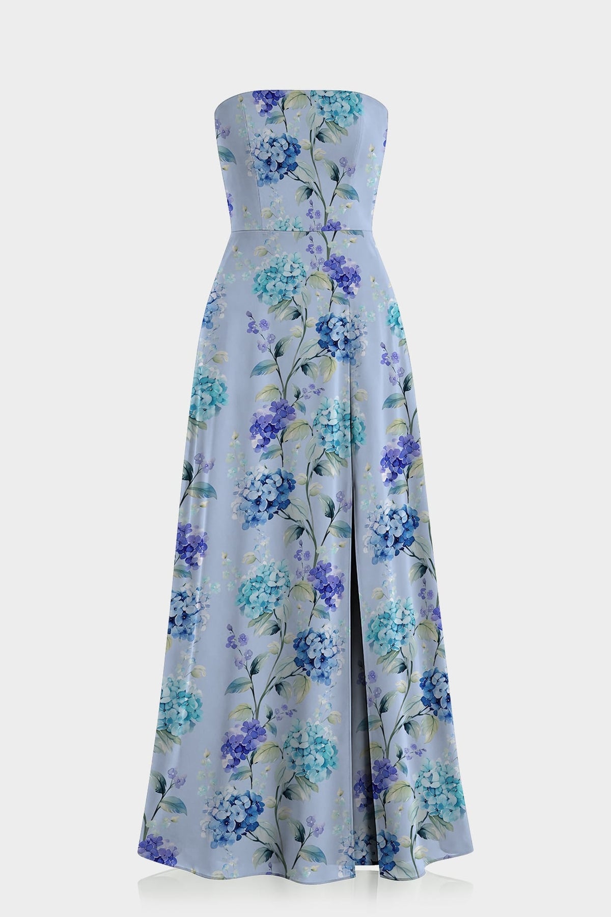 Sky Blue Floral Strapless Maxi Dress with Slit