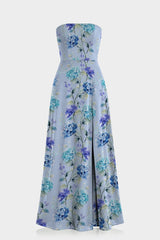 Sky Blue Floral Strapless Maxi Dress with Slit
