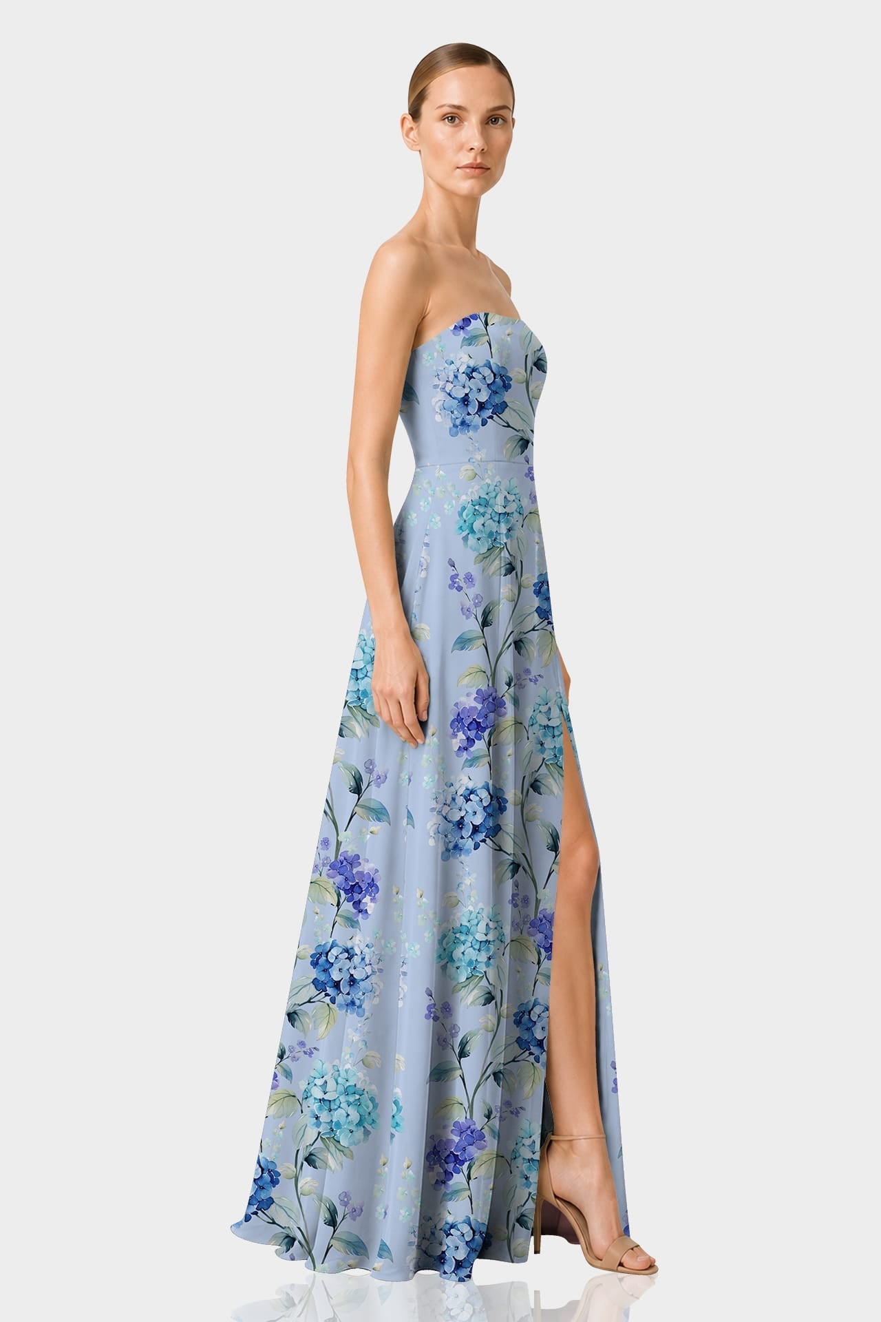 Sky Blue Floral Strapless Maxi Dress with Slit