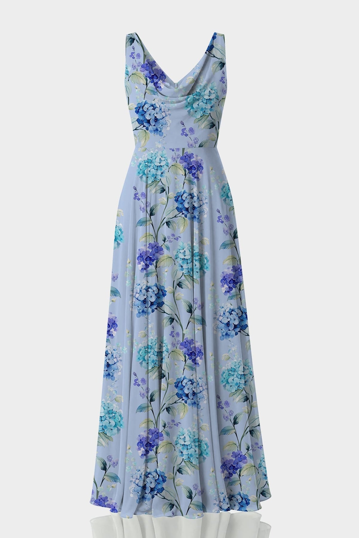 Hydrangea Print Cowl Neck Chiffon Maxi Gown