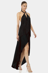 Carmina High Low Fringe Black Halter Maxi Dress