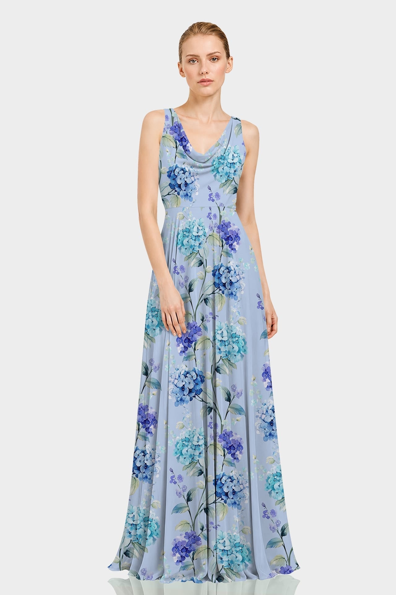 Hydrangea Print Cowl Neck Chiffon Maxi Gown