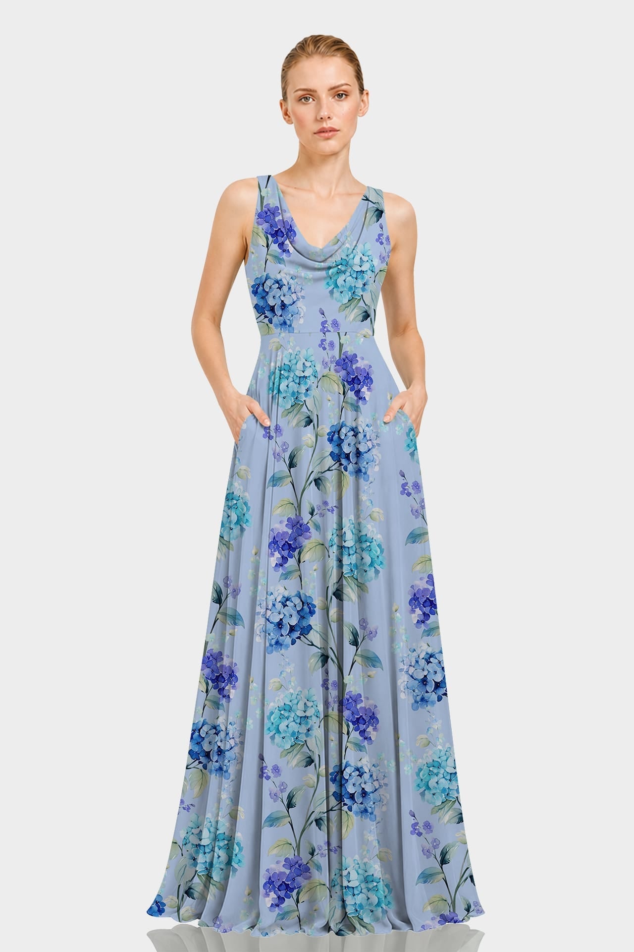 Hydrangea Print Cowl Neck Chiffon Maxi Gown