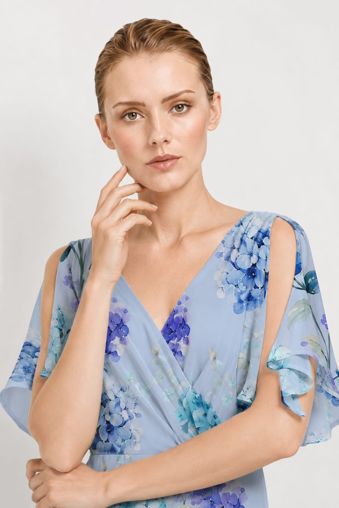 Hydrangea Floral Chiffon Cold Shoulder Dress