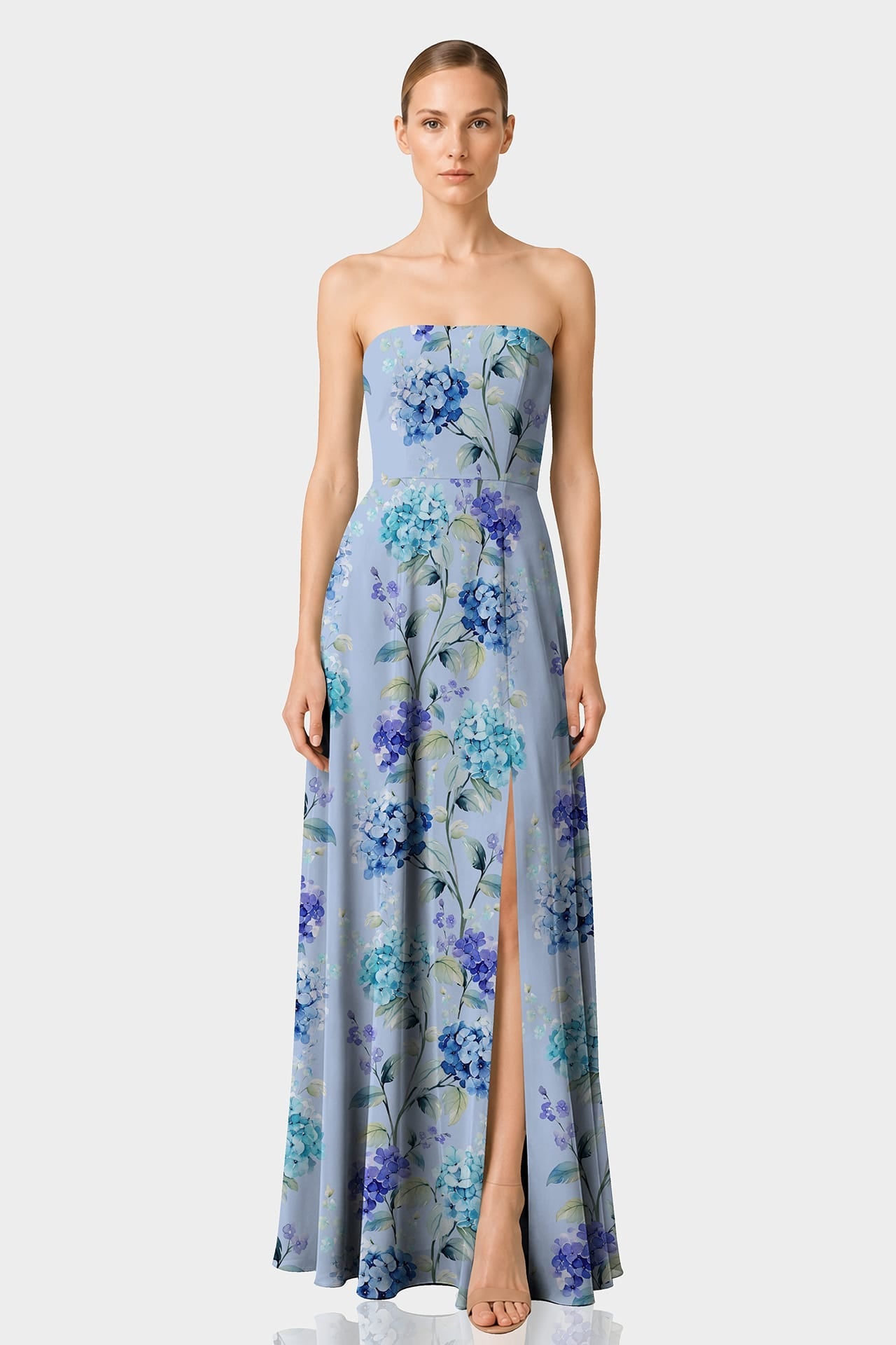 Sky Blue Floral Strapless Maxi Dress with Slit