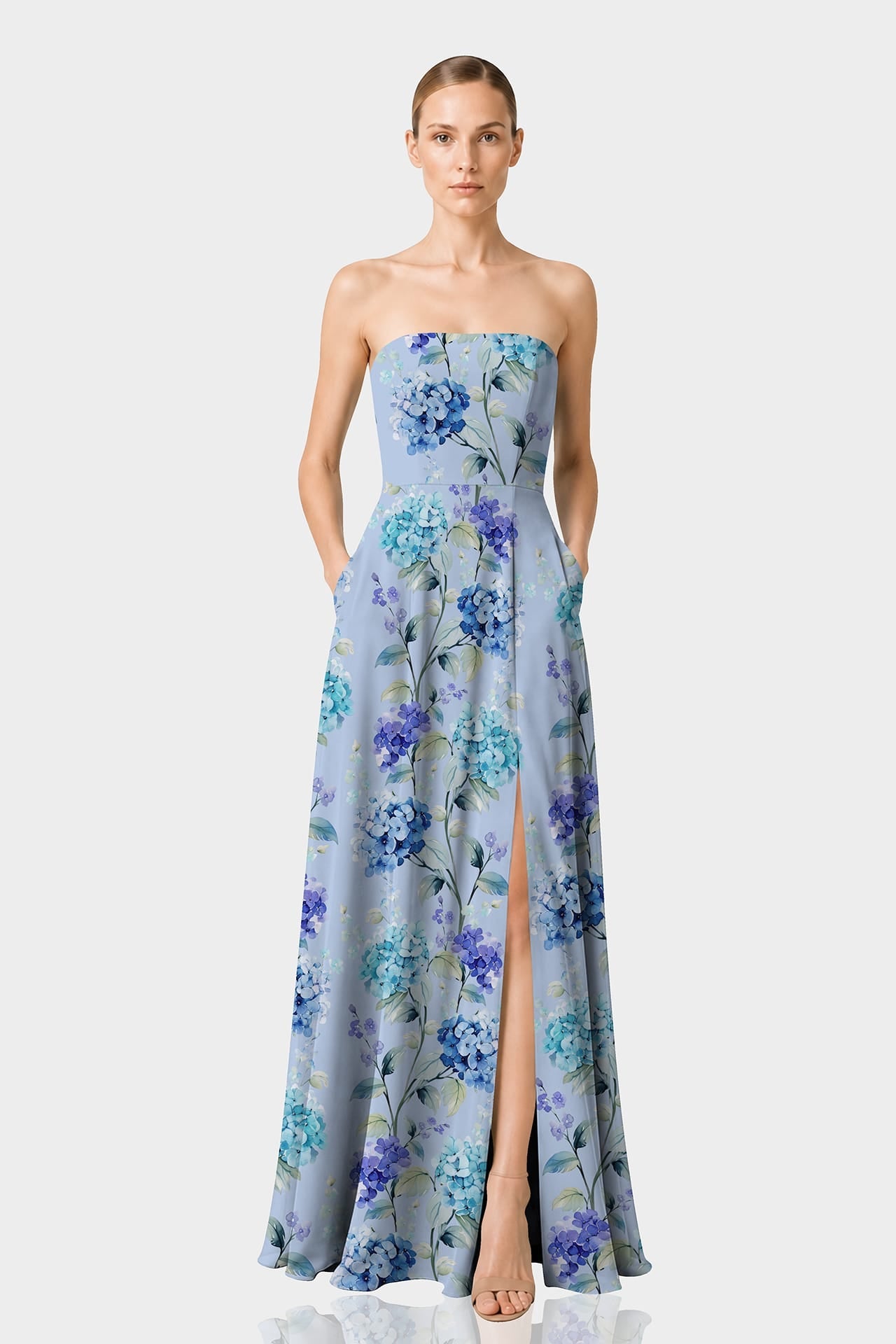 Sky Blue Floral Strapless Maxi Dress with Slit