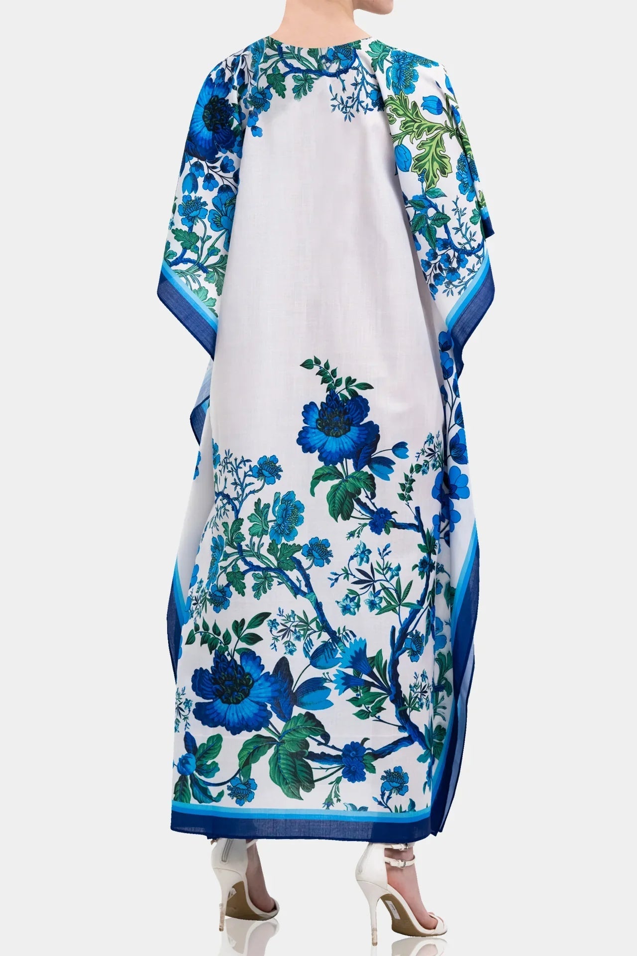 White Botanical Print Kaftan Maxi Dress with Blue Border Detail