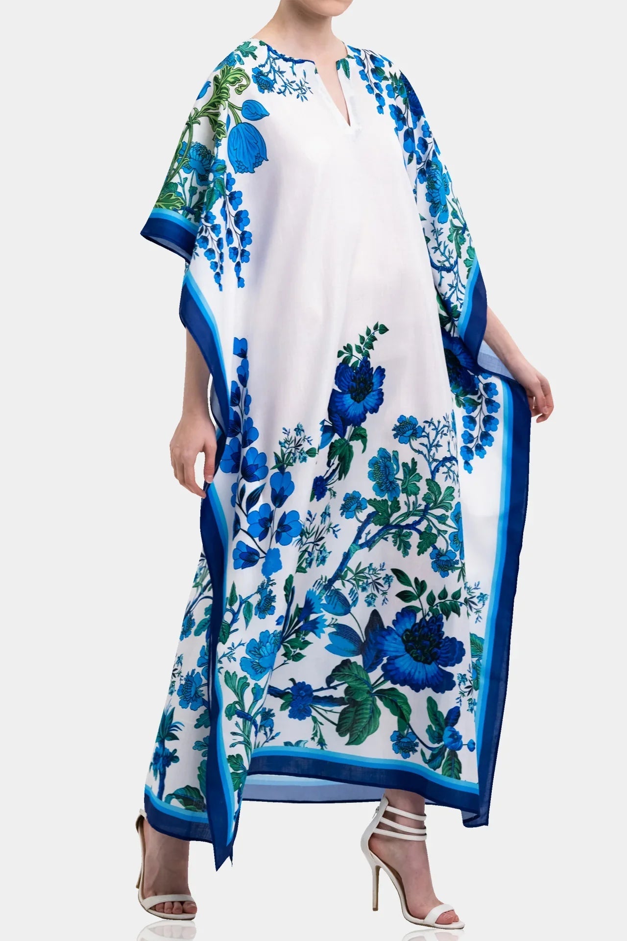 White Botanical Print Kaftan Maxi Dress with Blue Border Detail