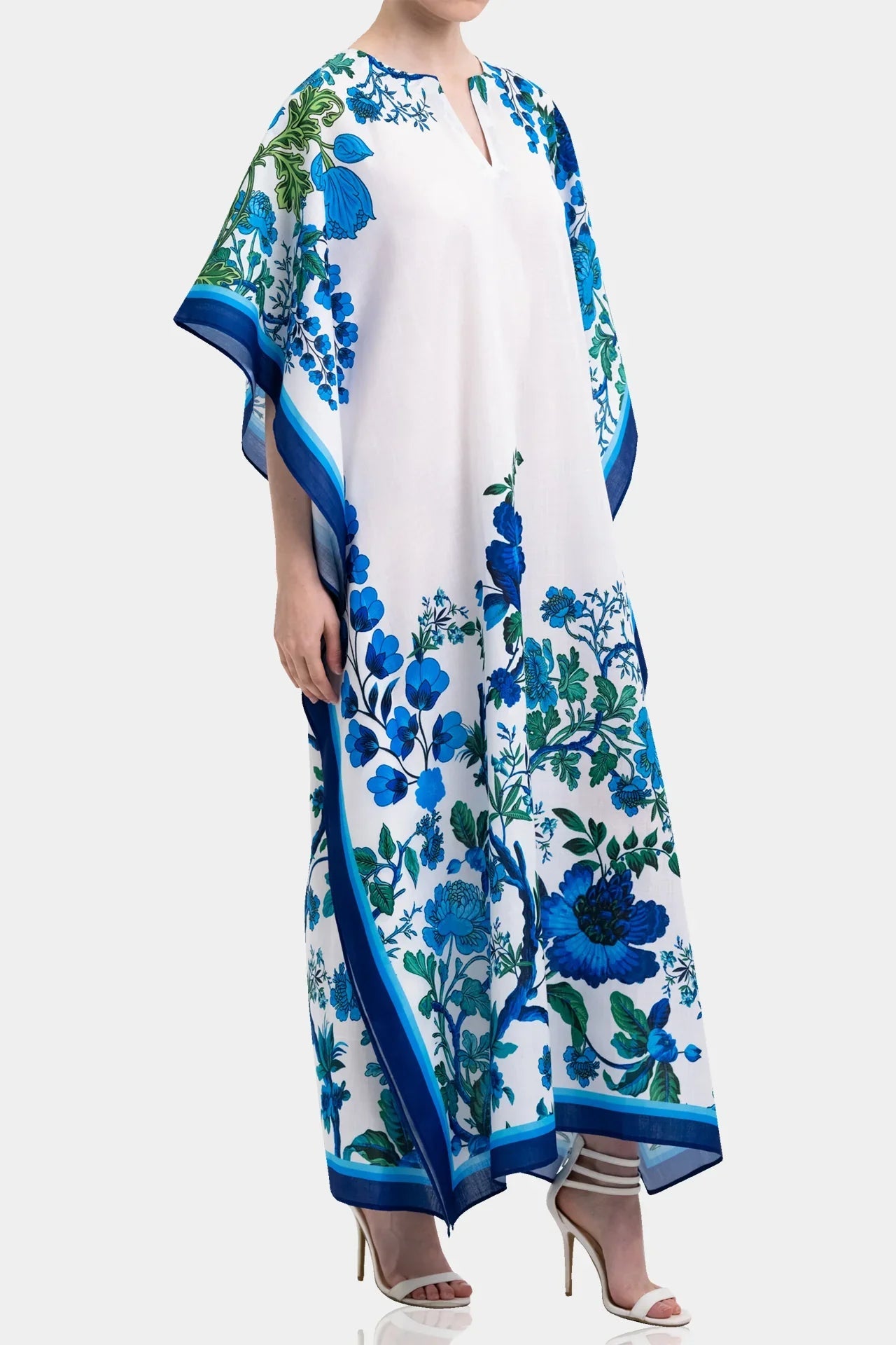 White Botanical Print Kaftan Maxi Dress with Blue Border Detail