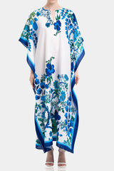 White Botanical Print Kaftan Maxi Dress with Blue Border Detail