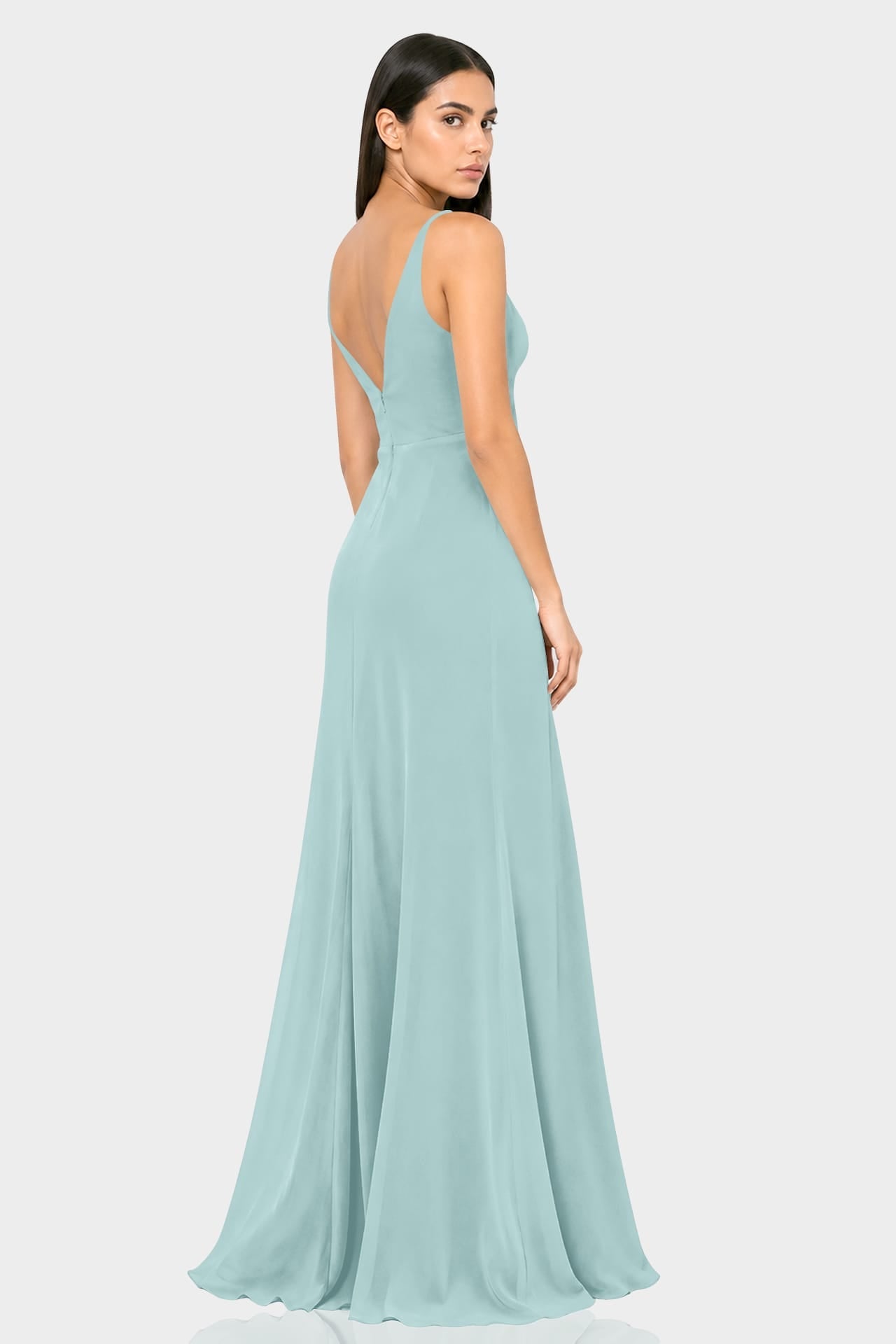 Aqua Green Spaghetti Strap Plunge V-Neck Satin Fit & Flare Maxi Dress