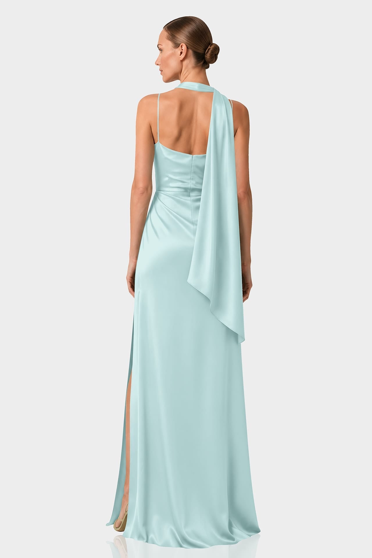 Aqua Green  Square Neckline Draped Satin Maxi Dress