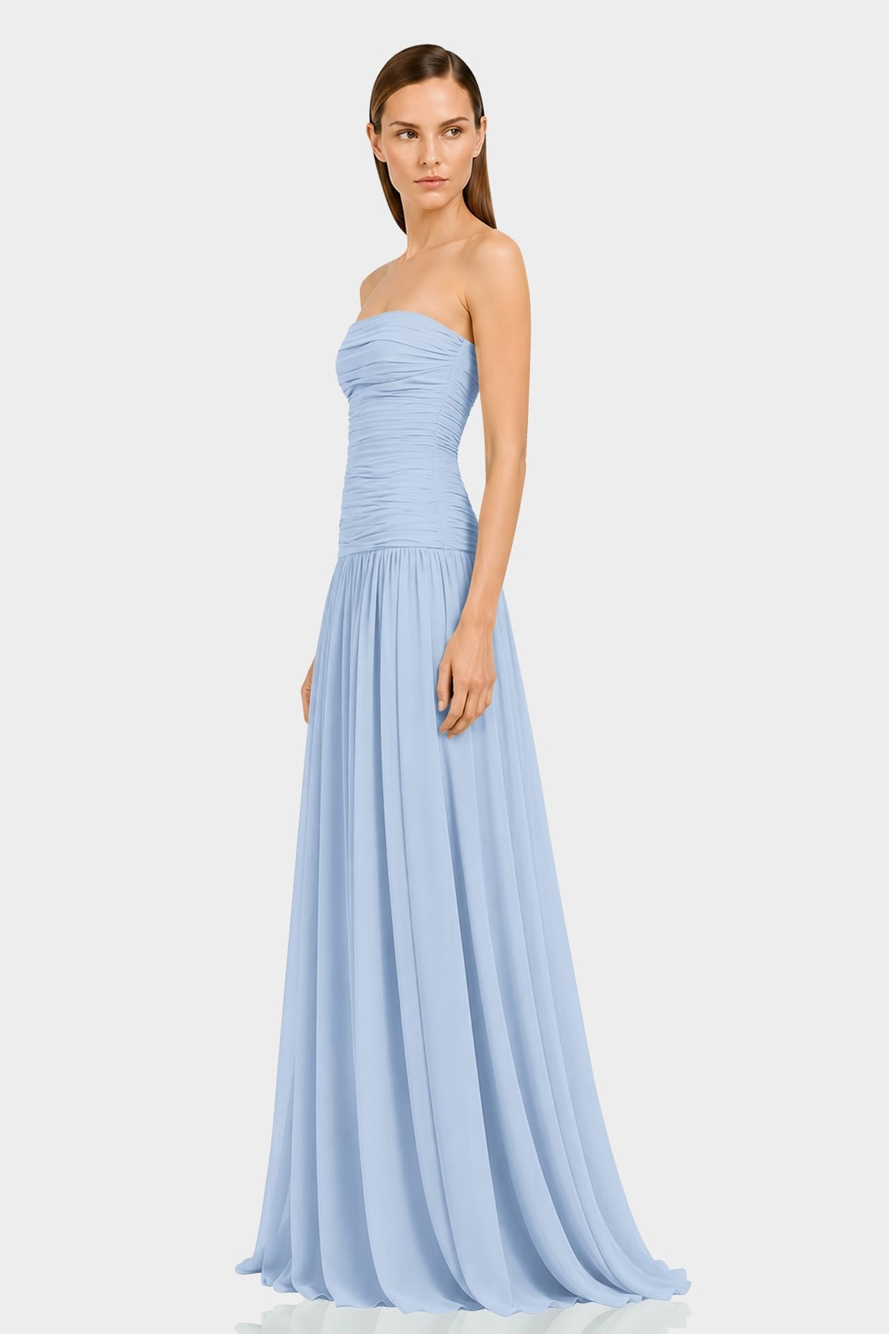 Powder Blue Strapless Ruched Chiffon Maxi Dress