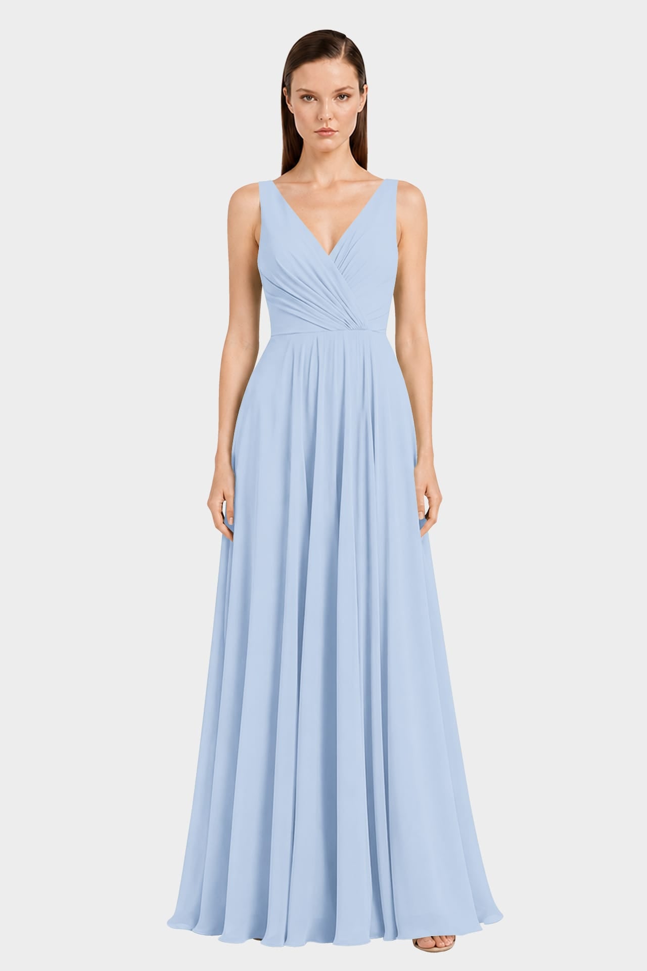 Powder Blue Ruched V-Neck Chiffon Fit-and-Flare Dress