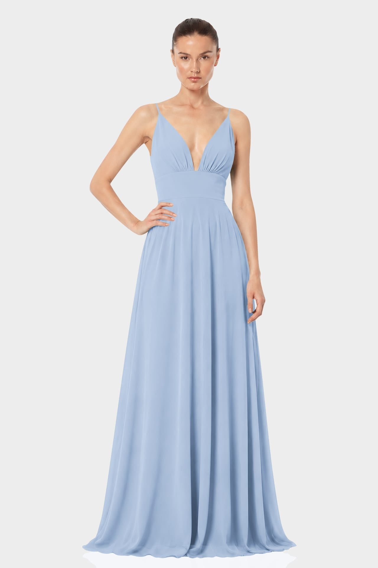 Powder Blue Plunge Neck Chiffon Maxi Dress