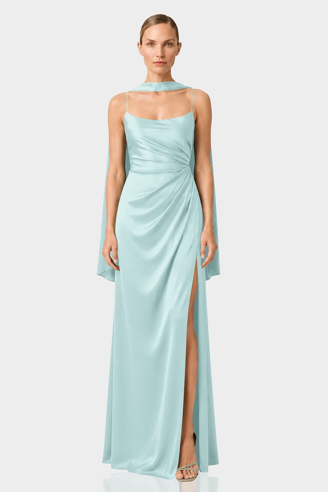 Aqua Green  Square Neckline Draped Satin Maxi Dress