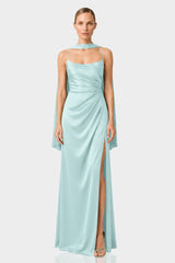 Aqua Green  Square Neckline Draped Satin Maxi Dress