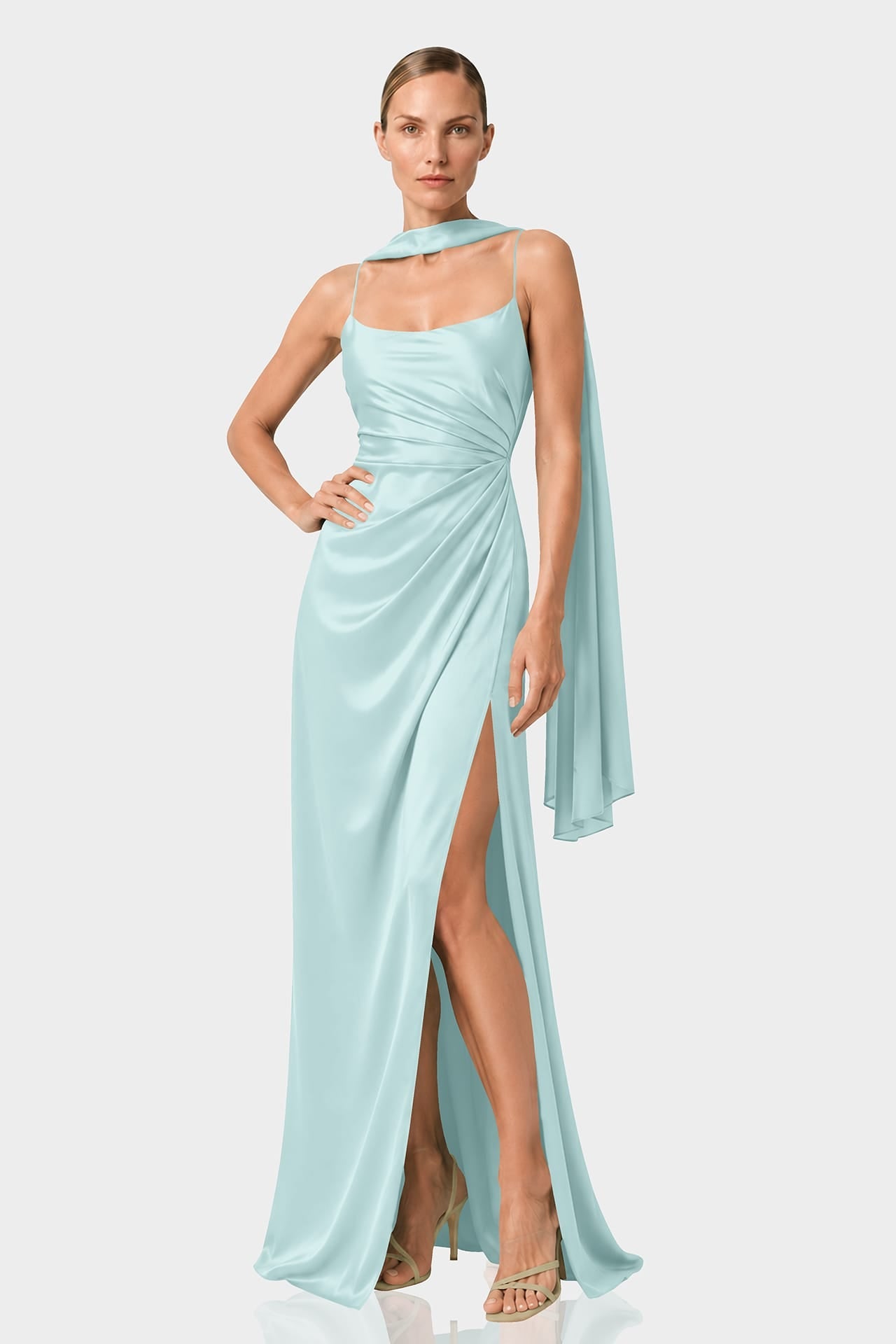 Aqua Green  Square Neckline Draped Satin Maxi Dress