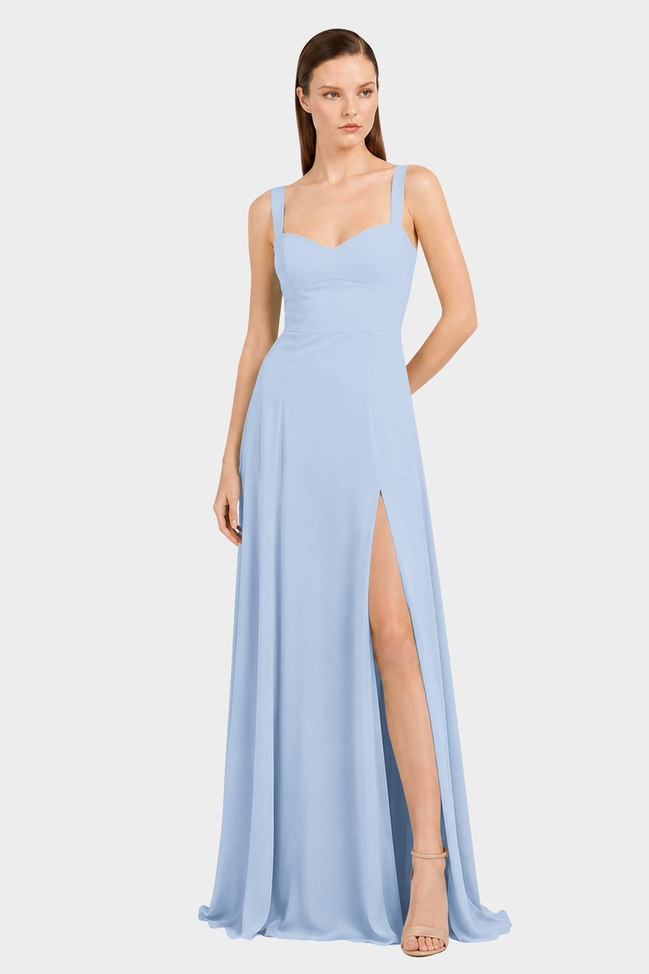Powder Blue Sweetheart  Satin Maxi Dress with Side Slit
