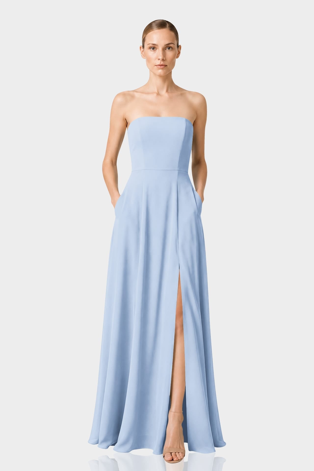 Powder Blue Strapless Satin Maxi Dress with Side Slit