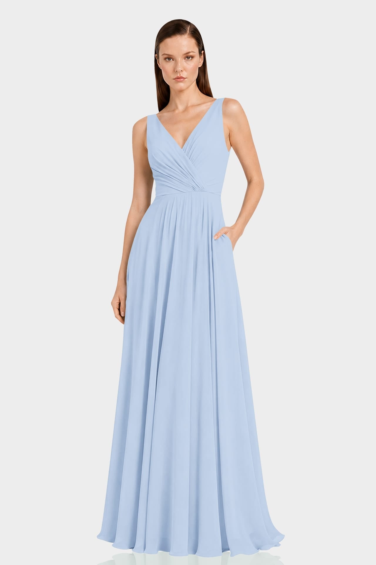 Powder Blue Ruched V-Neck Chiffon Fit-and-Flare Dress