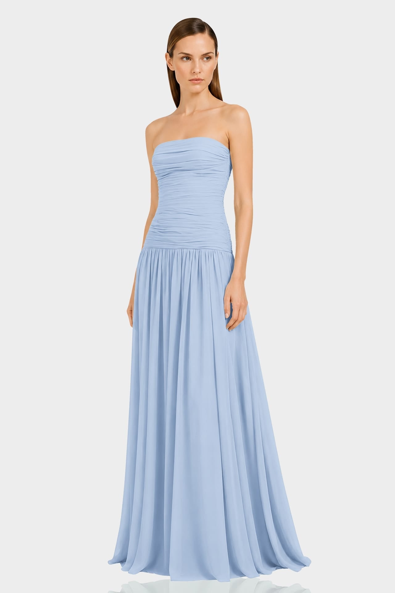 Powder Blue Strapless Ruched Chiffon Maxi Dress