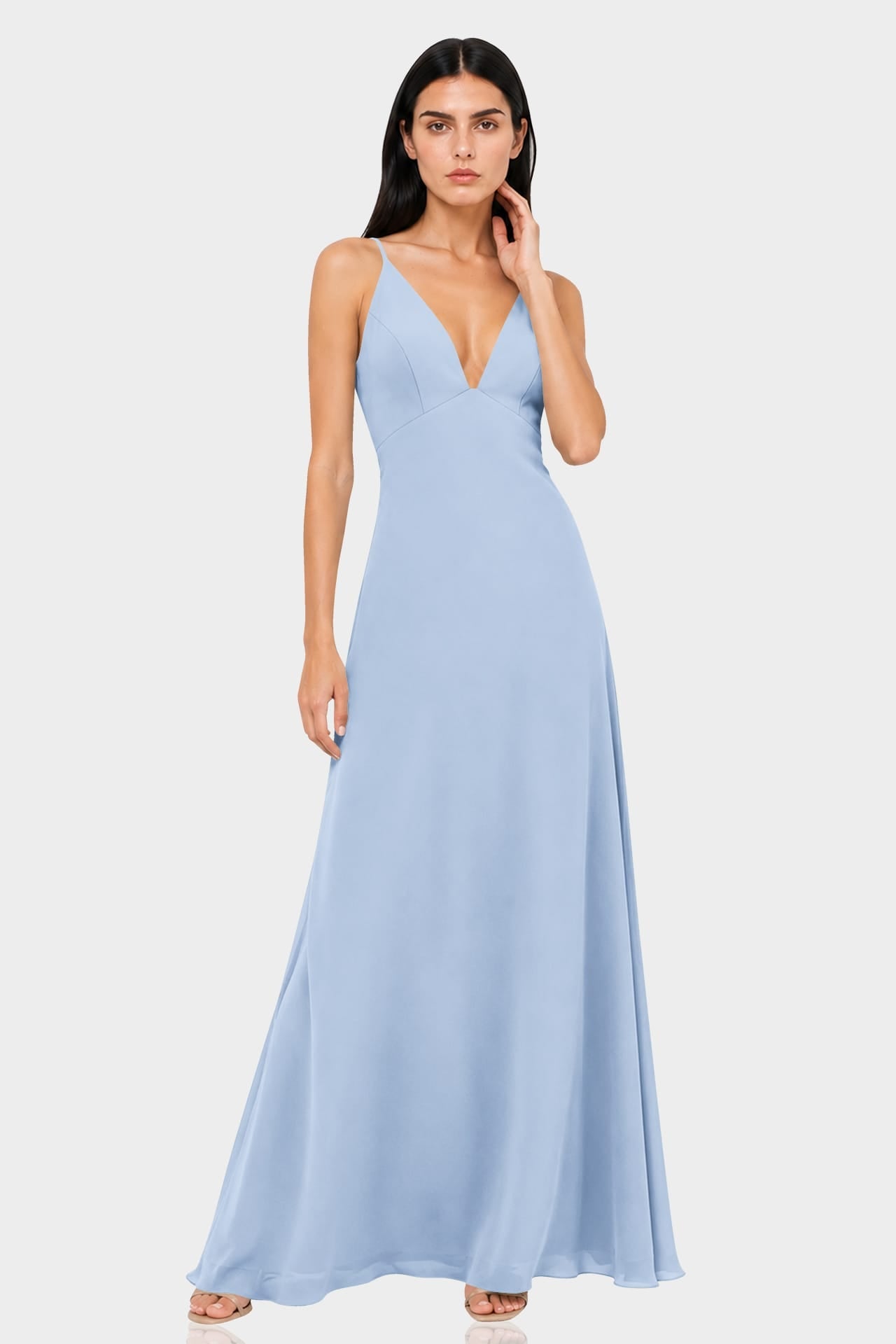 Powder Blue Plunge V-Neck Satin Maxi Dress