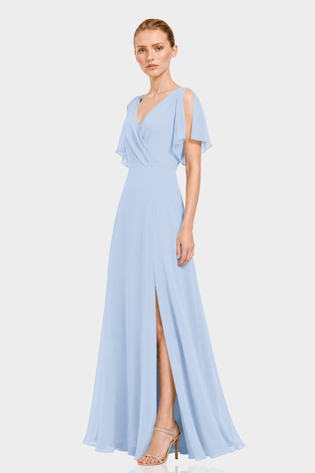 Powder Blue Chiffon Cold Shoulder Maxi Dress