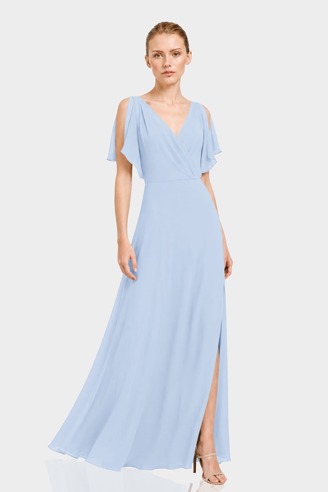 Powder Blue Chiffon Cold Shoulder Maxi Dress