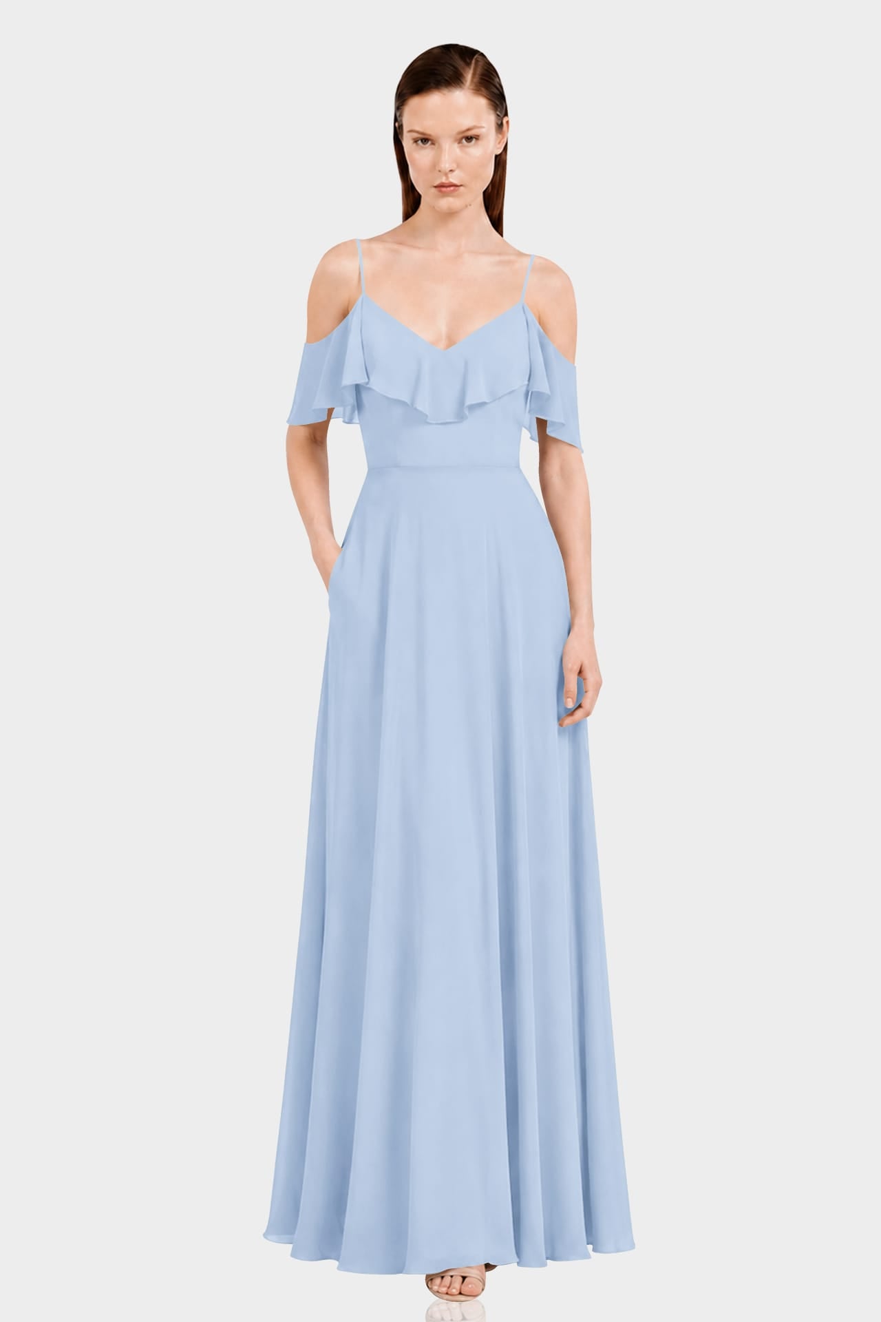Powder Blue Cold Shoulder Chiffon Dress with Ruffles