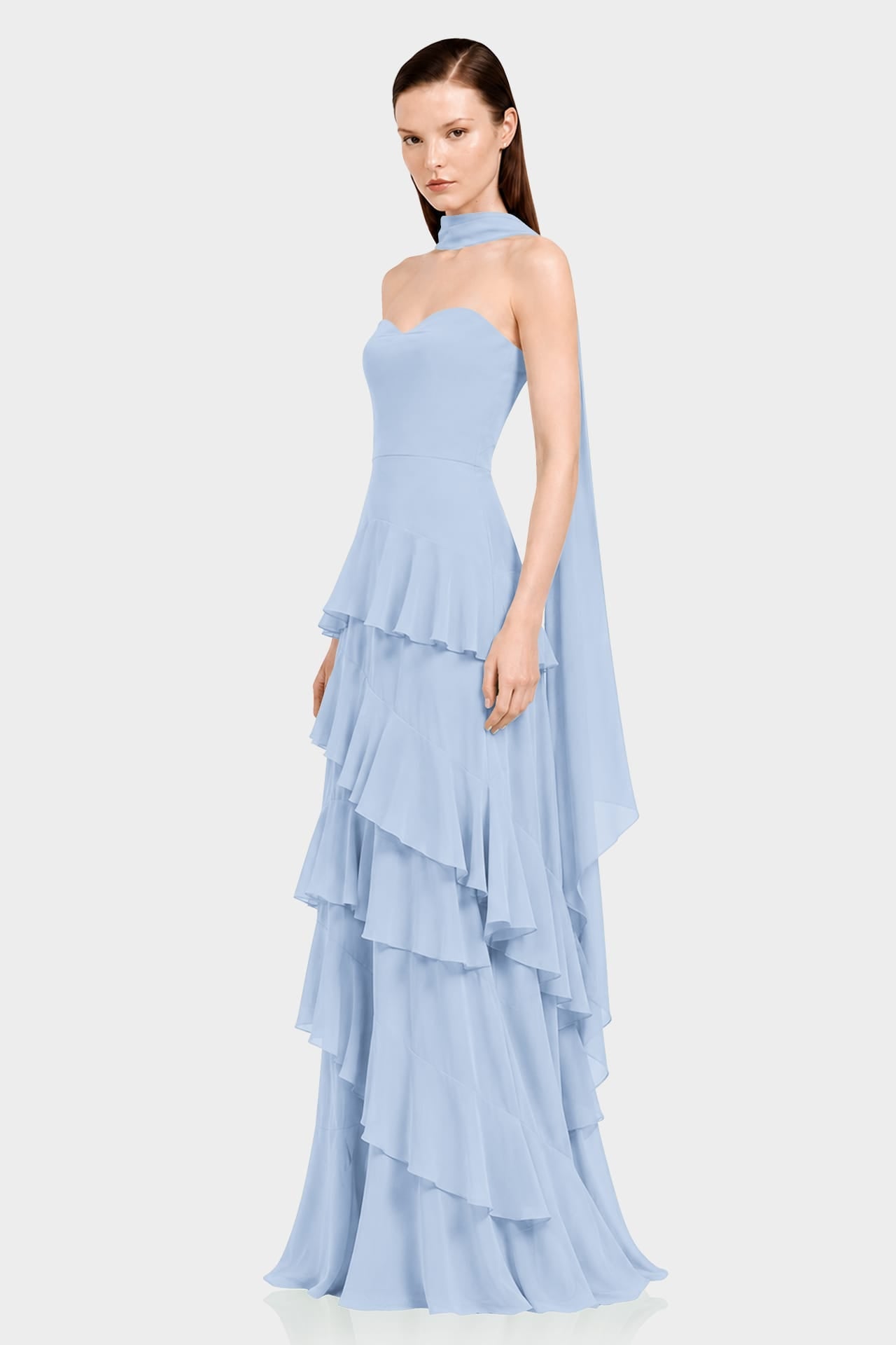 Tiered Ruffle Chiffon Maxi Dress in Powder Blue