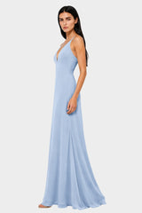 Powder Blue Plunge V-Neck Satin Maxi Dress