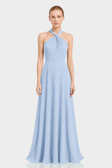 Powder Blue Chiffon Twist Halter Maxi Dress