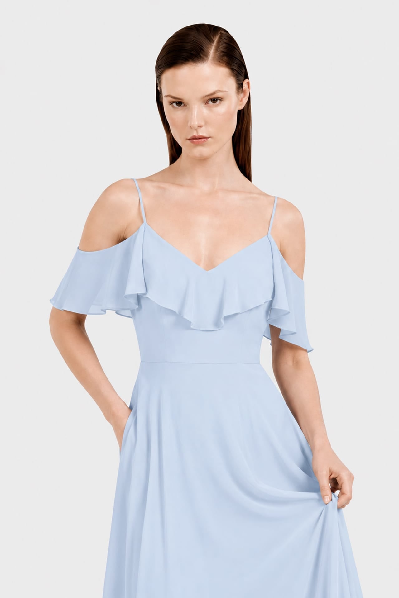 Powder Blue Cold Shoulder Chiffon Dress with Ruffles